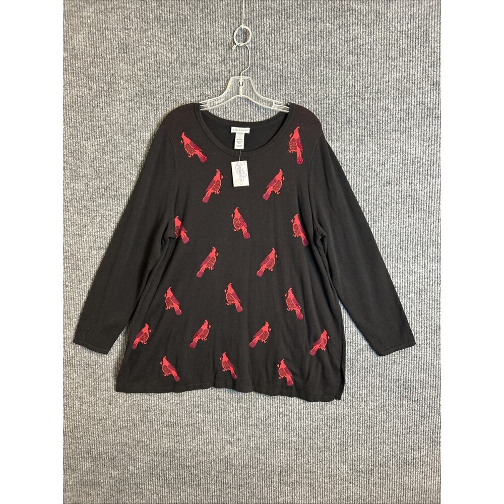 Catherines Womens Tunic Sweater Size 1X Black Red Cardinals Sequins Crew Neck